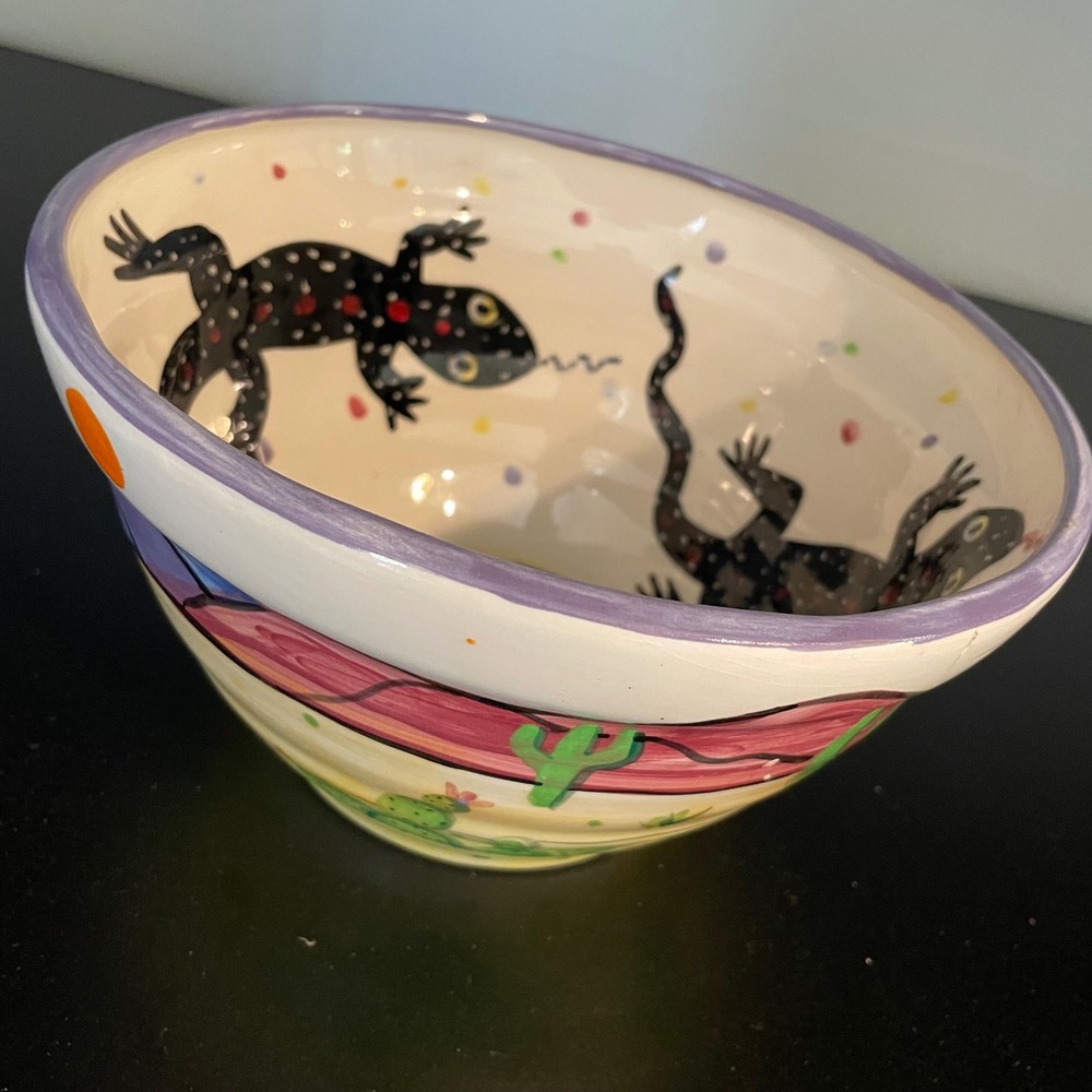 vtg Karen Gelff Pottery Bowl Southwest Desert GECKO Cactus 1984 Signed Carmel CA